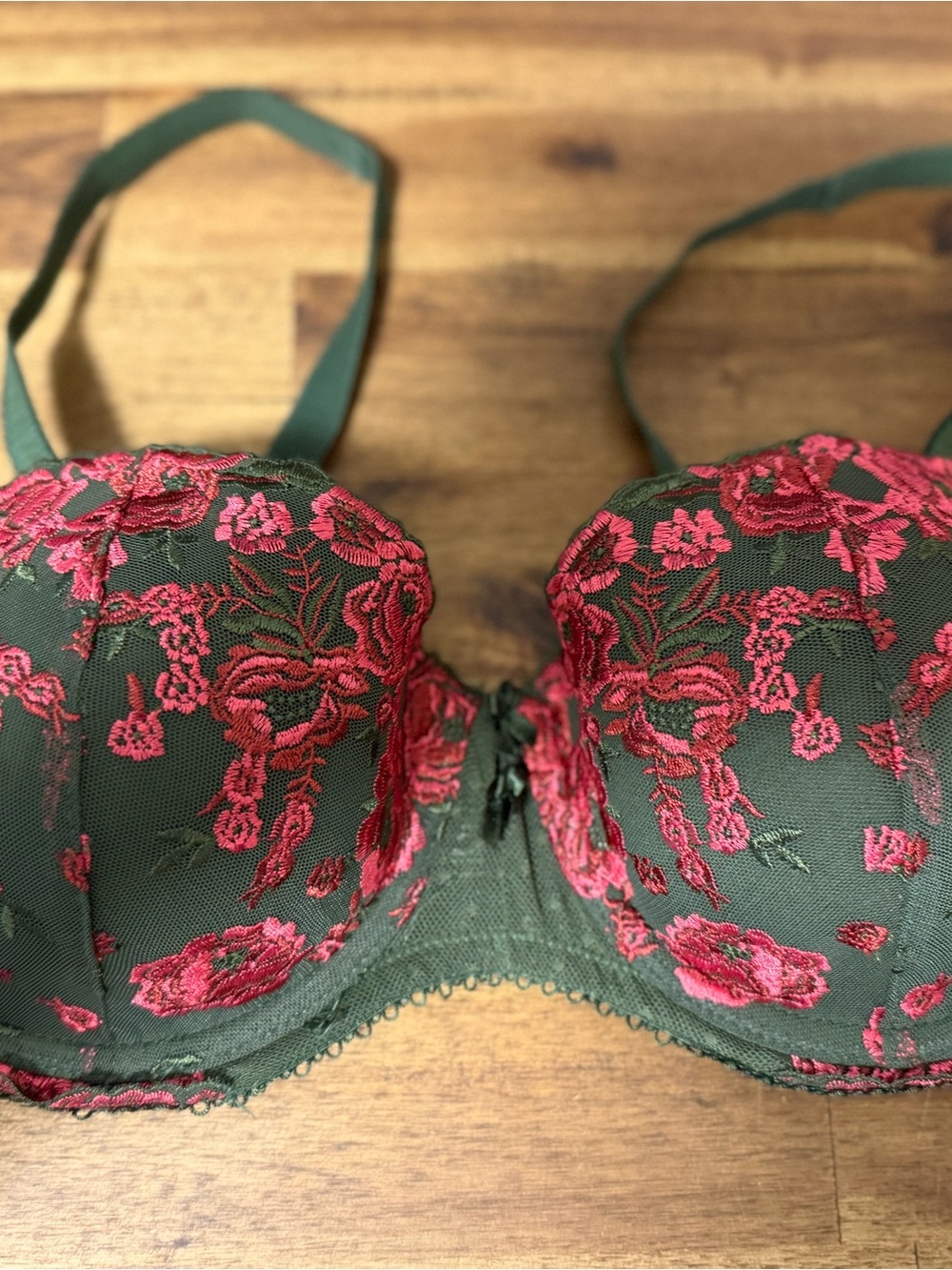 La Vie En Rose Olive Green Balconette Bra with Red Floral Embroidery